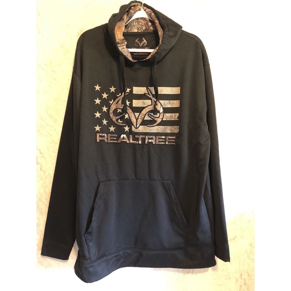 Realtree Hoodie Men Large Tall LT BLACK Camo Sweater Buck Deer Antlers PULLOVER